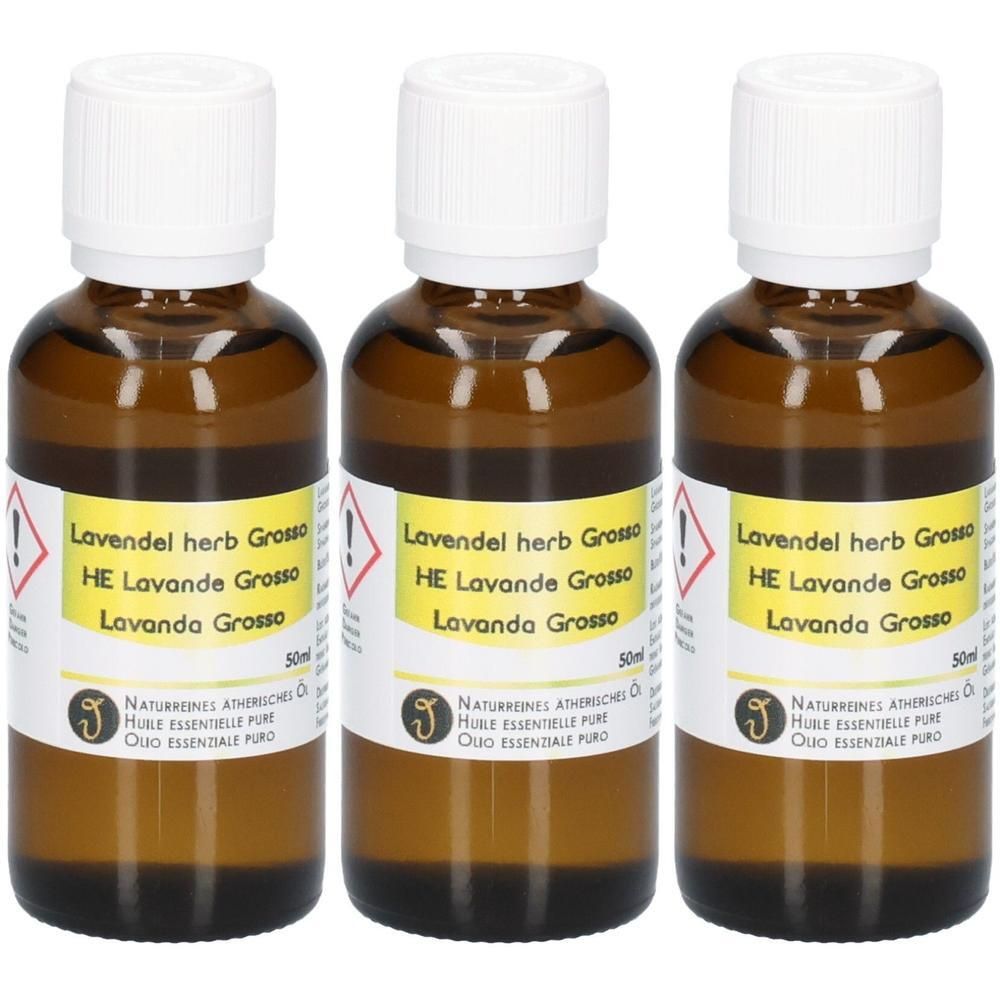 Drei Flaschen Lavendelöl Grosso (50ml) mit Etiketten und Warnsymbolen.