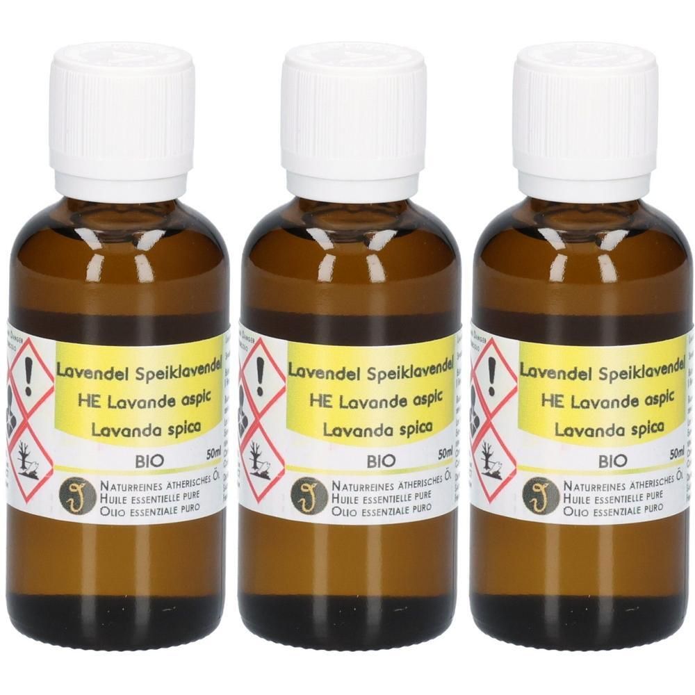 Drei Flaschen Lavendelöl Speik, 50ml, mit BIO-Siegel und Warnhinweisen.