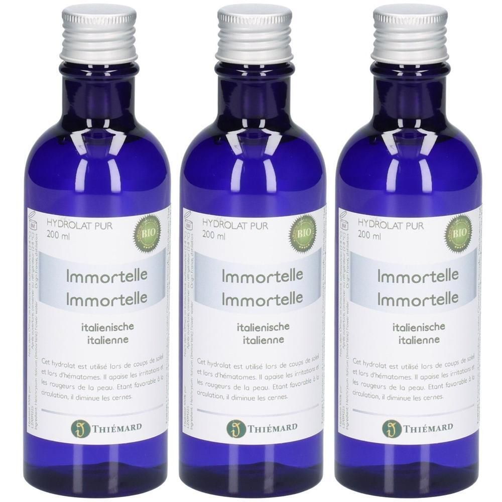 Drei blaue Glasflaschen mit Immortelle Hydrolat, 200 ml.
