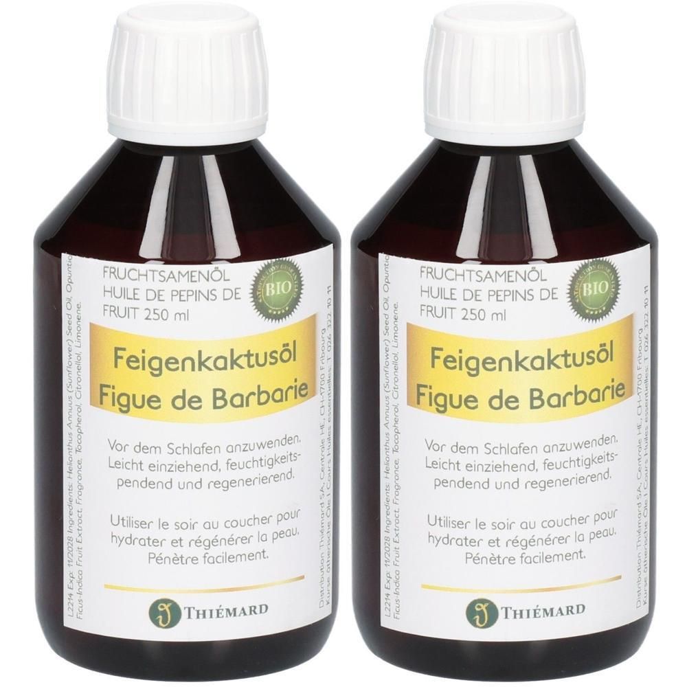 Zwei Flaschen Feigenkaktusöl, 250 ml, mit Bio-Siegel und Thiémard-Logo.