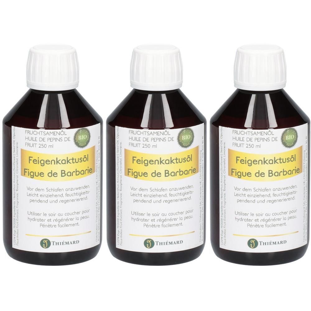 Drei Flaschen Feigenkaktusöl mit weißen Verschlüssen. Jede Flasche enthält 250 ml und hat ein Etikett mit Produktinformationen und dem Markennamen Thiémard.