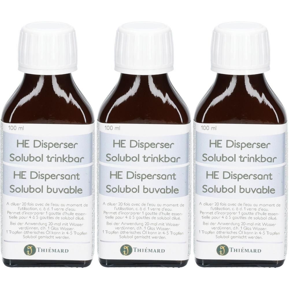 Drei braune Glasflaschen mit weißem Schraubverschluss, je 100 ml. Etikett mit 'HE Disperser Solubol trinkbar'.