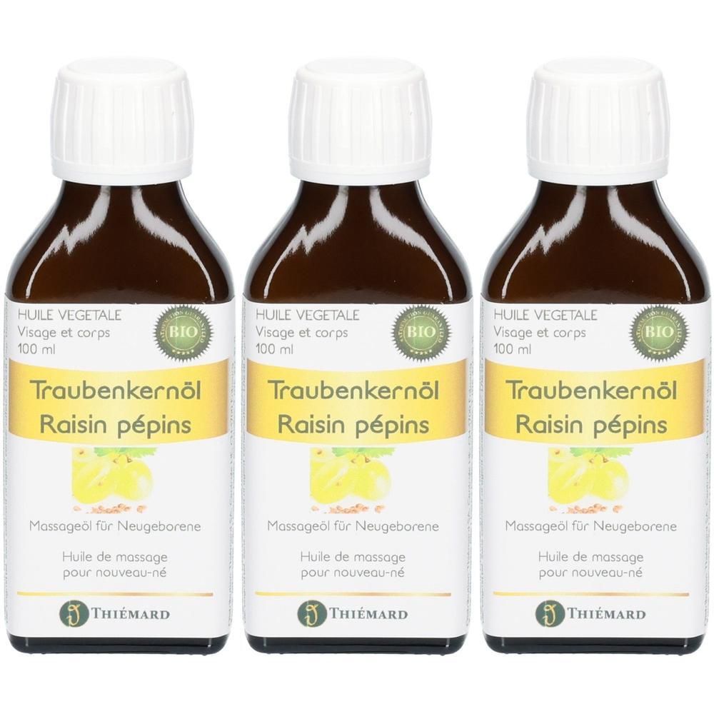Drei Flaschen Traubenkernöl von Thiémard, 100ml, für Gesicht und Körper, Massageöl für Neugeborene.