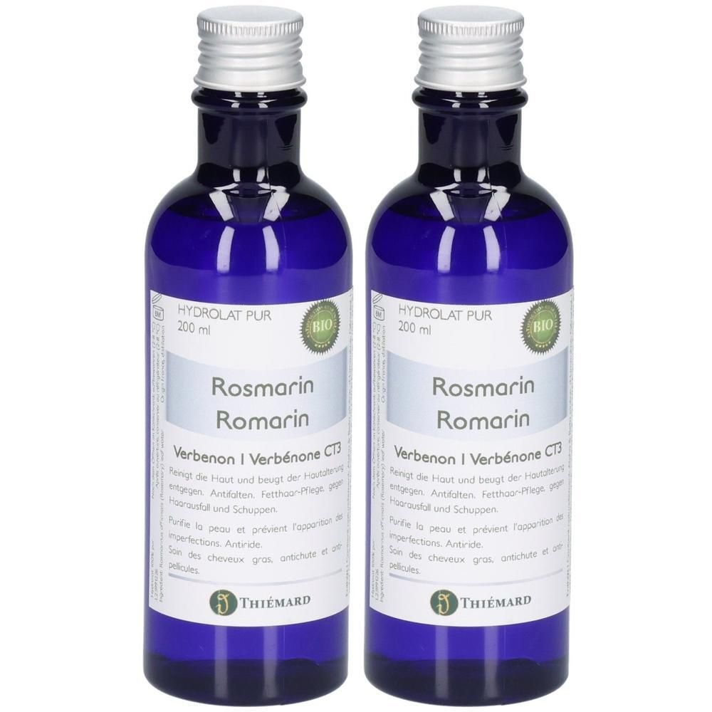Zwei Flaschen Rosmarin Hydrolat PUR 200ml von Thiemard, mit Bio-Siegel.