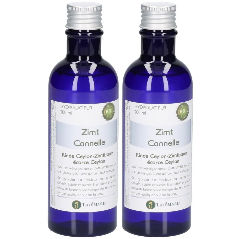 Zwei Flaschen Zimt Hydrolat Pur 200ml mit Bio-Siegel und Thiemard-Logo.