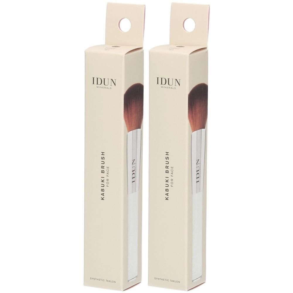 Zwei IDUN Kabuki Pinsel für das Gesicht in beige Verpackung.