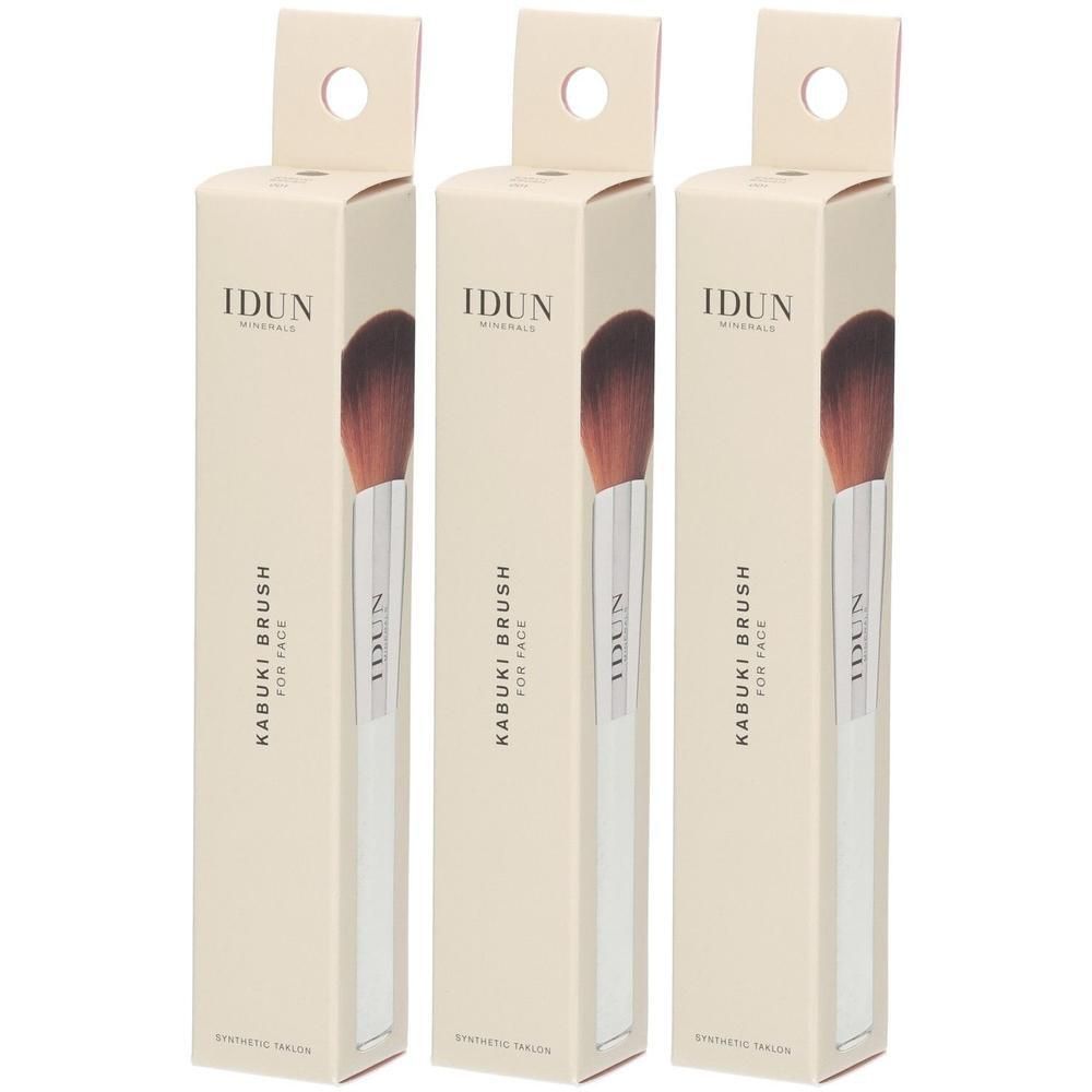 Drei Packungen IDUN Minerals Kabuki Brush for Face mit silbernem Griff und braunen Borsten.