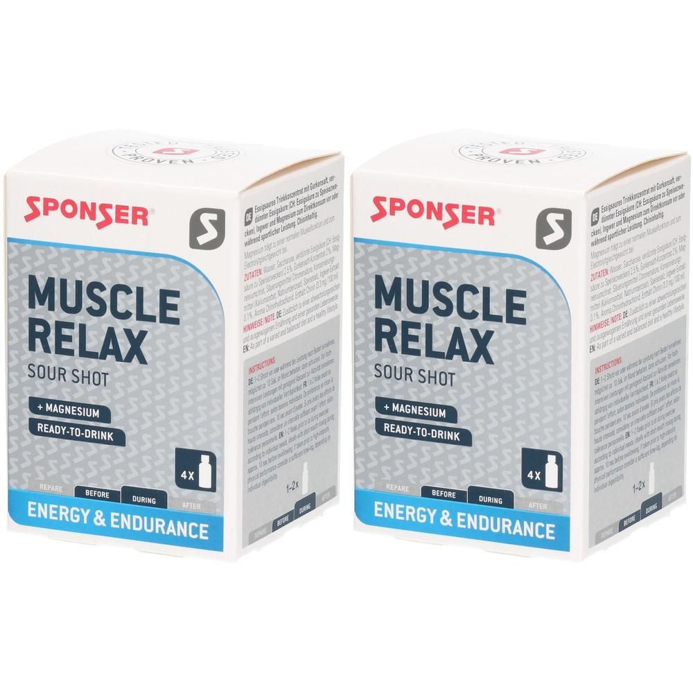 Zwei Schachteln Sponser Muscle Relax Sour Shot, Ready-to-Drink.