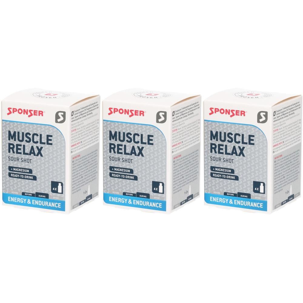 Drei Schachteln Sponser Muscle Relax Sour Shot, 4 Shots pro Schachtel.