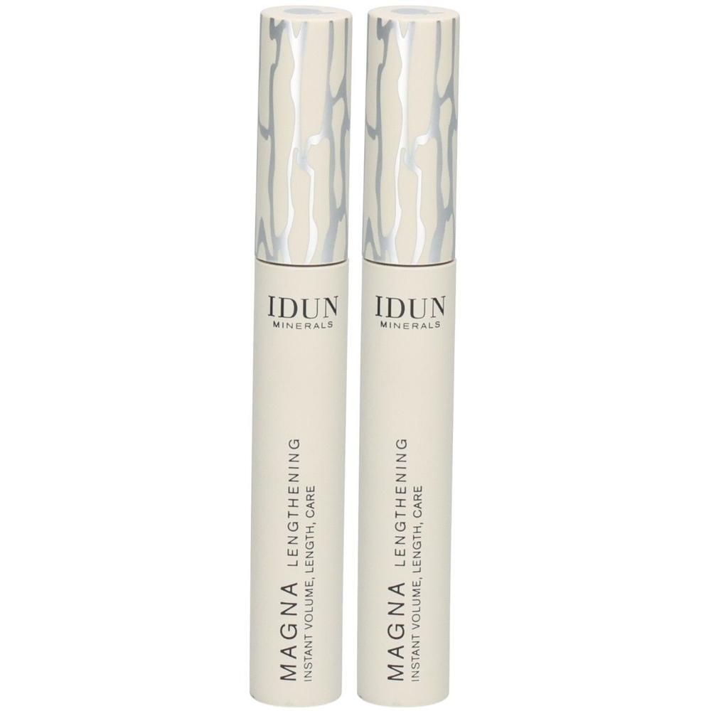 Zwei IDUN Minerals Magna Lengthening Mascara in Beige mit silbernen Applikationen am oberen Ende. Beschriftung: "MAGNA LENGTHENING INSTANT VOLUME, LENGTH, CARE".