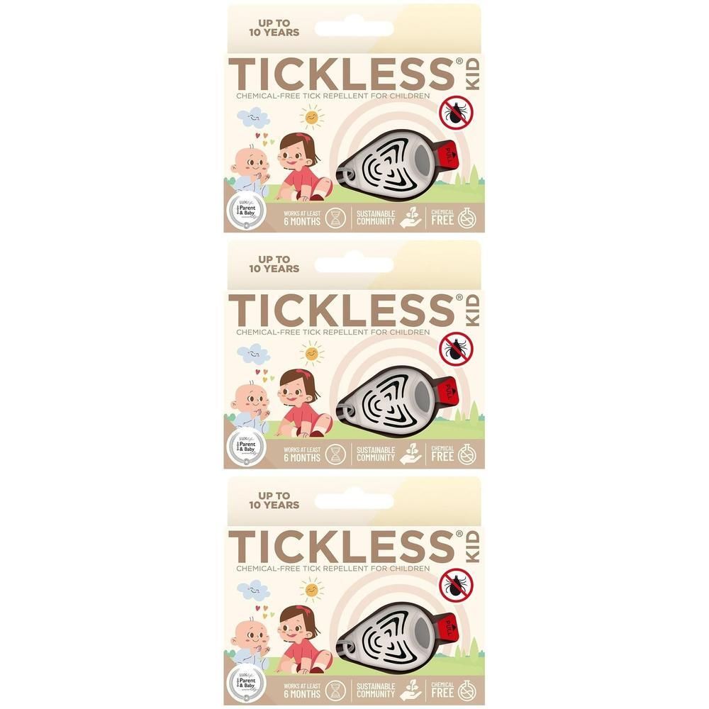 Drei Packungen Tickless Kid, chemiefreies Zeckenabwehrmittel für Kinder bis 10 Jahre.