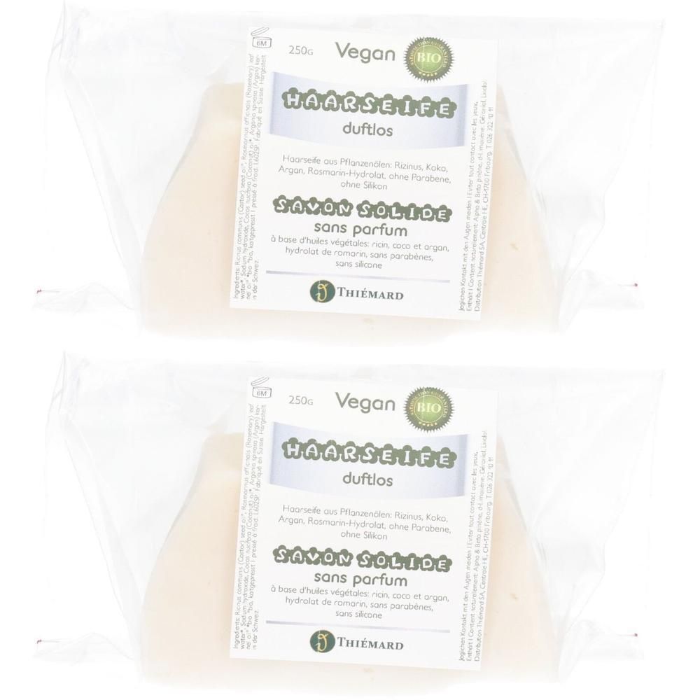 Zwei vegane, duftlose feste Haarseifen (250g) in Bio-Qualität, verpackt.
