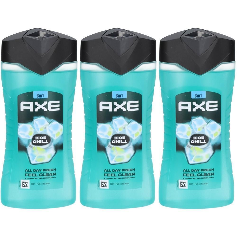Drei Flaschen Axe Ice Chill 3-in-1 Duschgel mit Eiswürfel-Motiv und der Aufschrift 'All Day Fresh Feel Clean'.