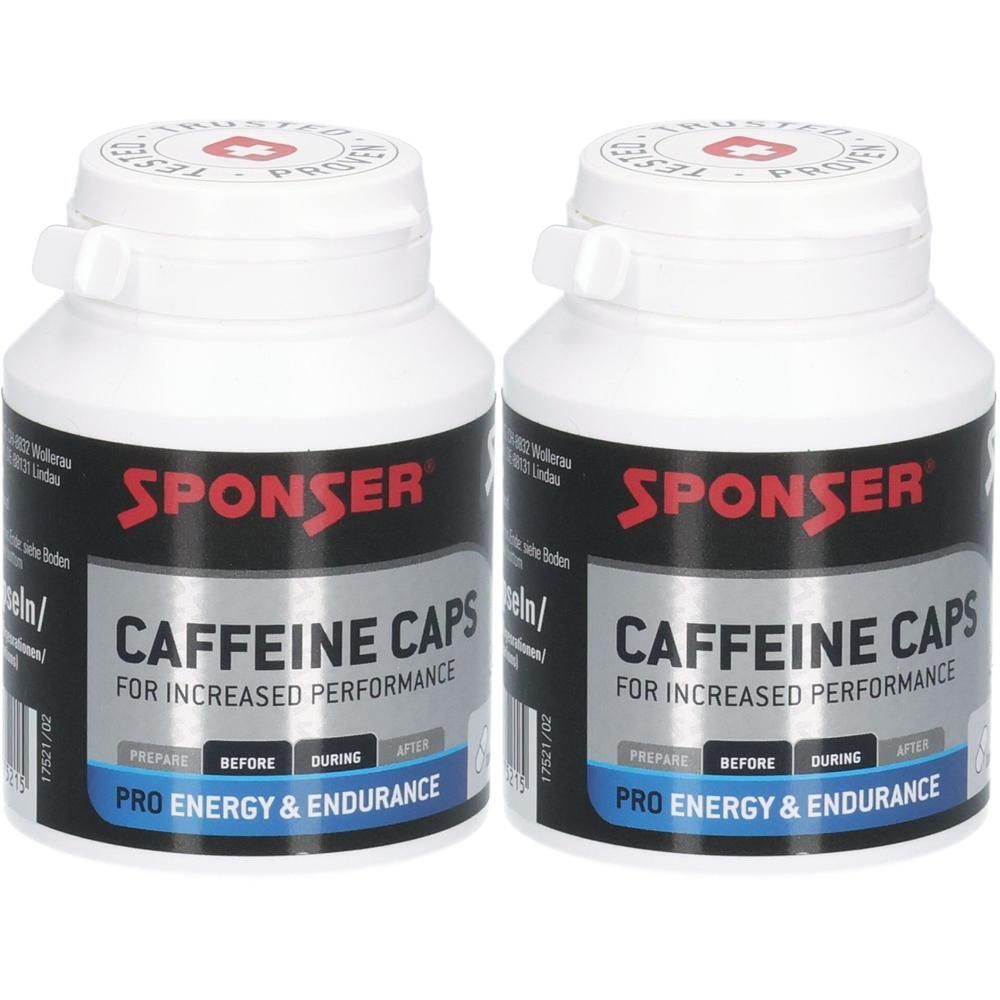 Zwei Dosen Sponser Caffeine Caps für erhöhte Leistung, Pro Energy & Endurance.
