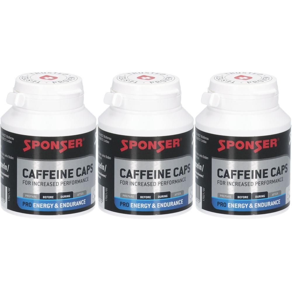 Drei Dosen Sponser Caffeine Caps für erhöhte Leistung.