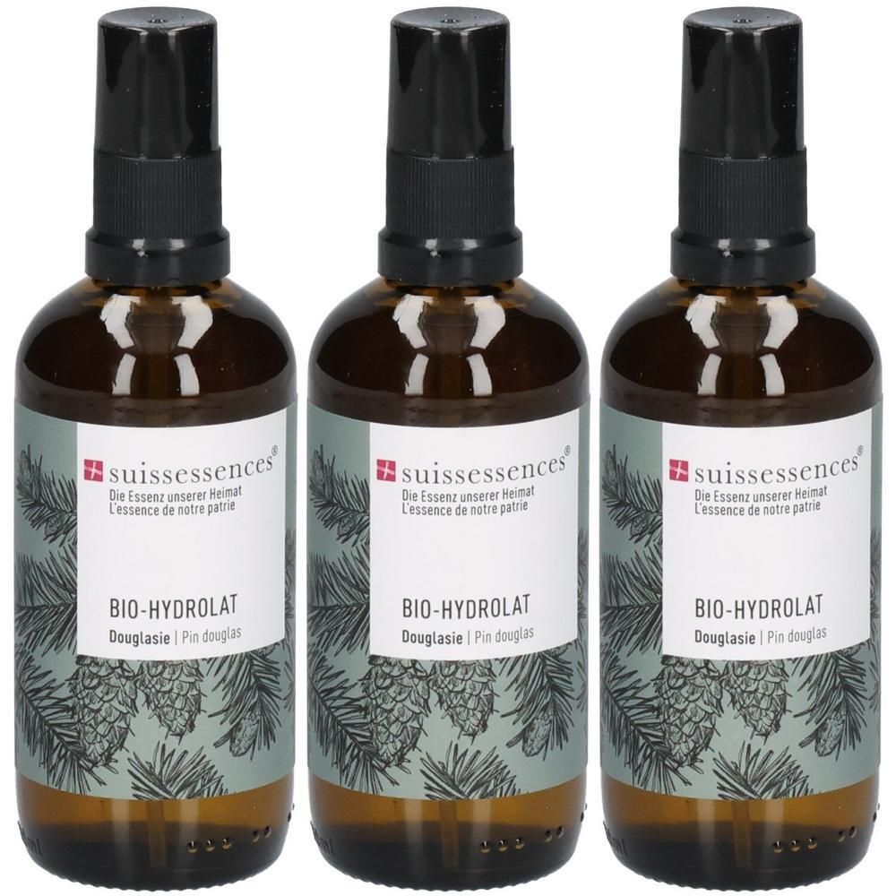 Drei braune Glasflaschen mit Sprühkopf, gefüllt mit BIO-HYDRO LAT Douglasie.