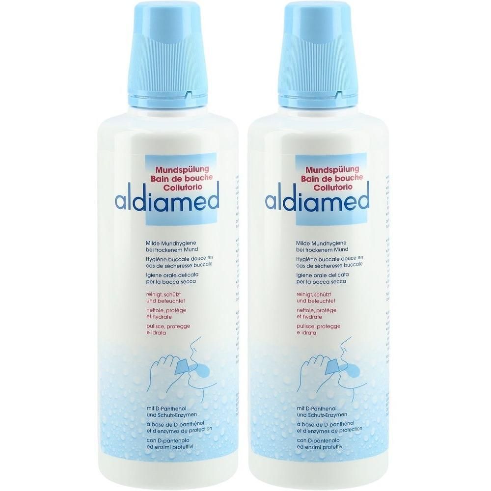 Zwei Flaschen Aldiamed Mundspülung mit blauem Verschluss. Enthält D-Panthenol und Schutsenzyme.