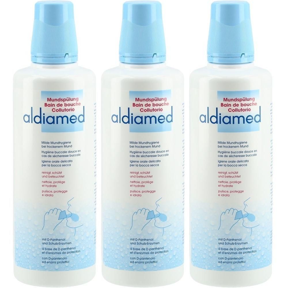 Drei Flaschen Aldiamed Mundspülung mit blauem Verschluss. Enthält D-Panthenol und Schutzenzyme.