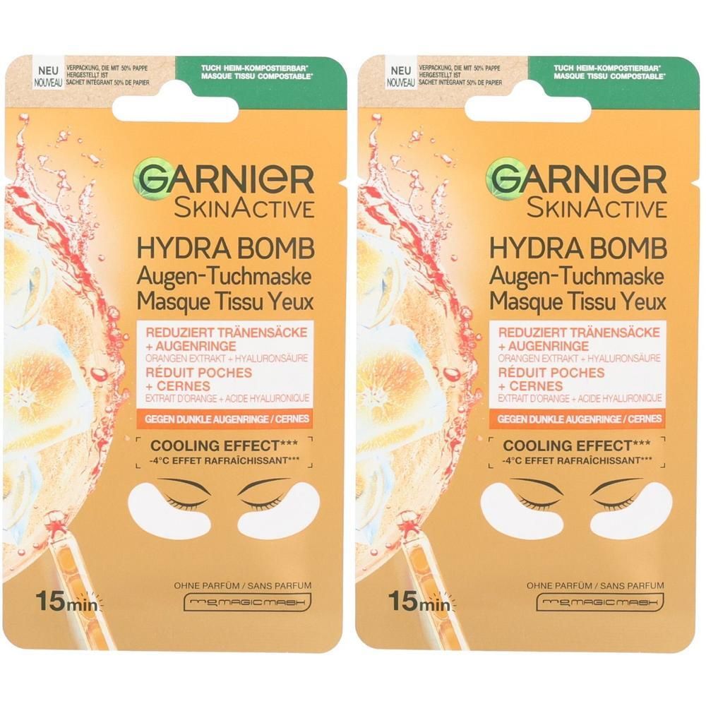 Zwei Garnier SkinActive Hydra Bomb Augen-Tuchmasken-Packungen.