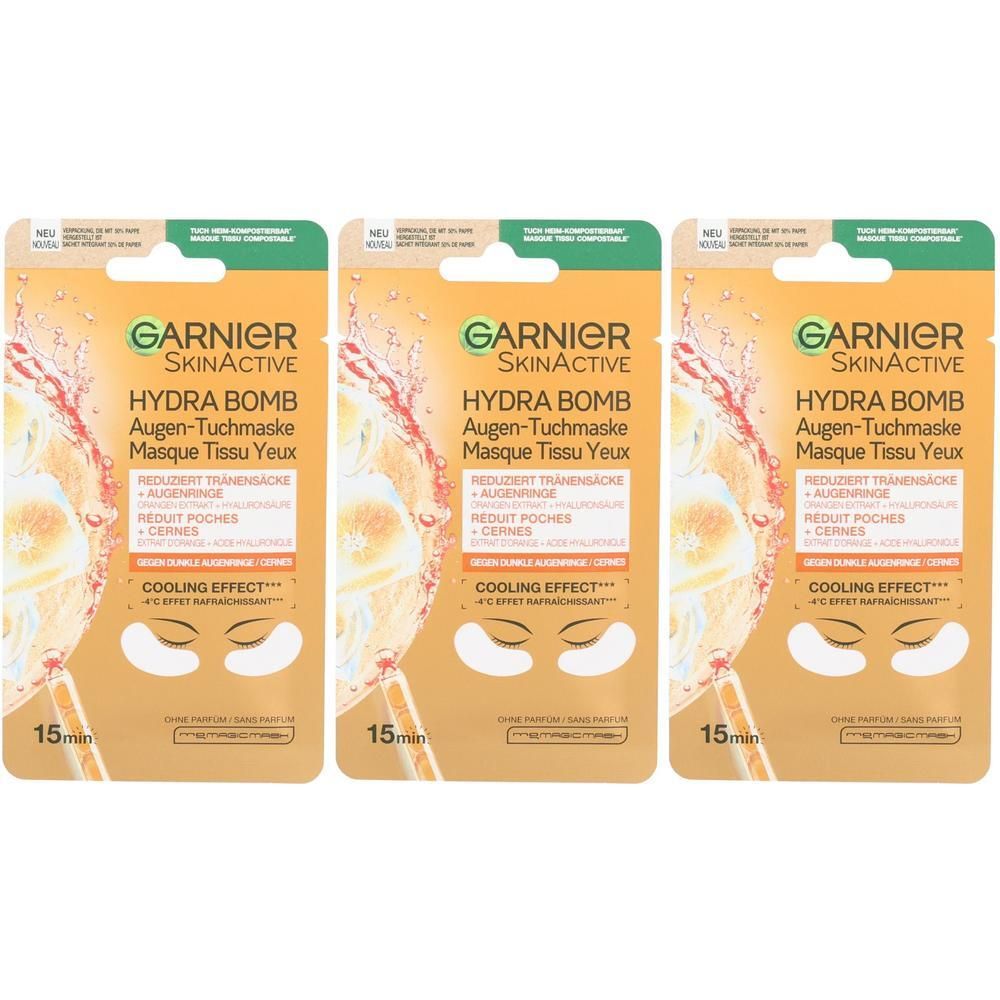Drei Garnier SkinActive Hydra Bomb Augen-Tuchmasken mit kühlendem Effekt.