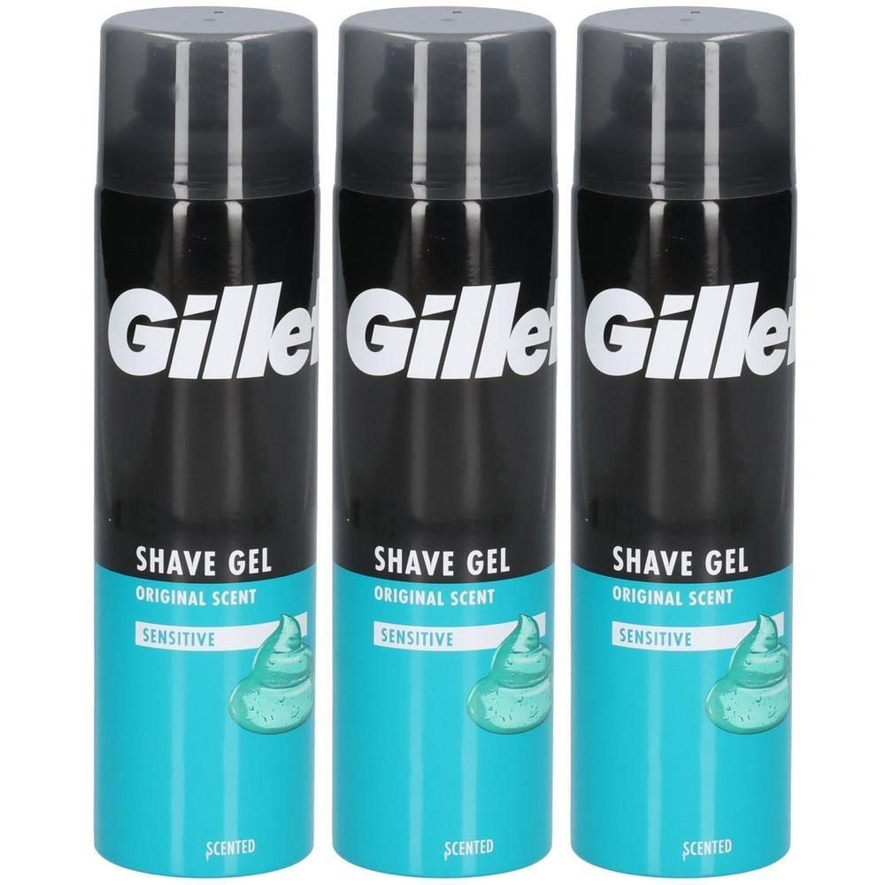 Drei Aerosoldosen Gillette Rasiergel Original Duft Sensitiv.