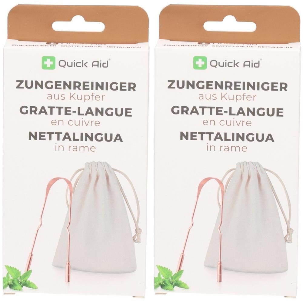 Zwei Verpackungen für Kupfer-Zungenreiniger mit Beutel und Minzblättern.