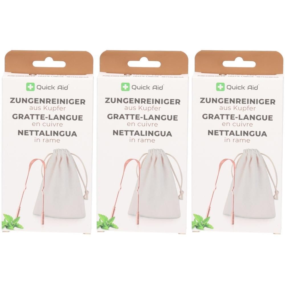 Drei Packungen Zungenreiniger aus Kupfer mit Beutel.