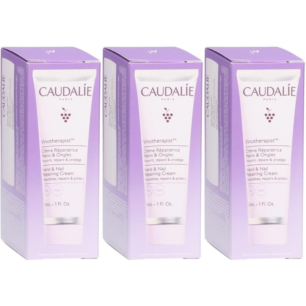 Drei Caudalie Vinotherapist Hand- und Nagelcreme in Schachteln.