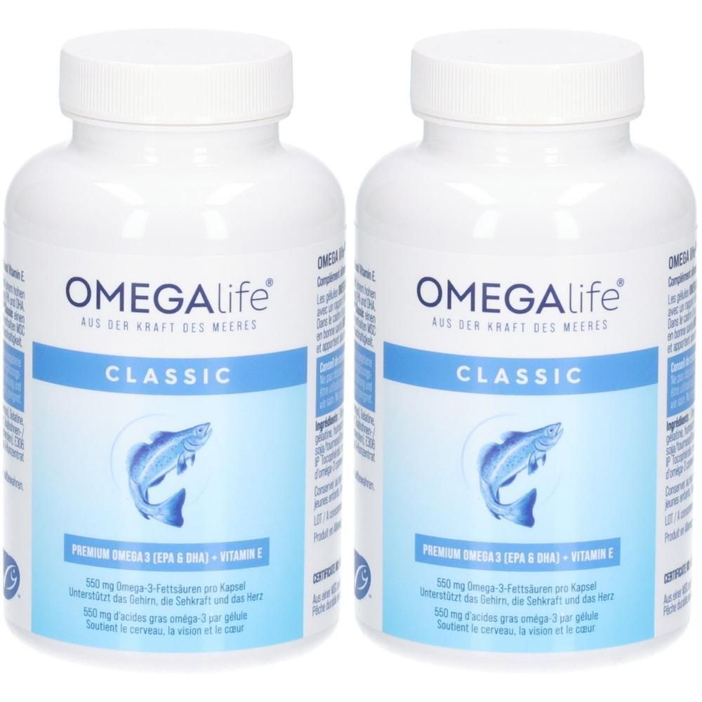 Zwei weiße Flaschen Omegallife Classic Premium Omega 3 + Vitamin E mit Fischabbildung.