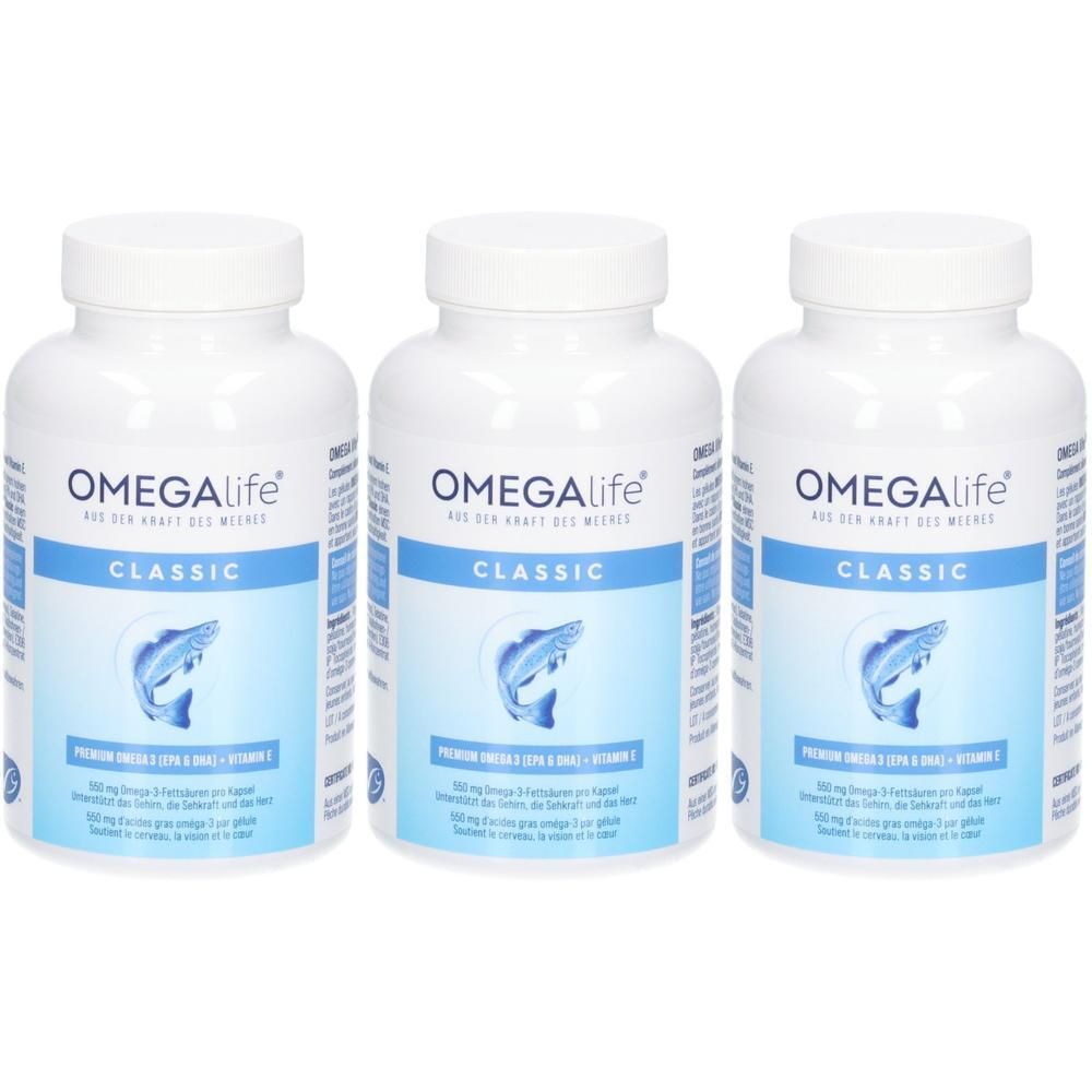 Drei Flaschen Omegalife Classic Omega-3-Fettsäuren und Vitamin D Kapseln.