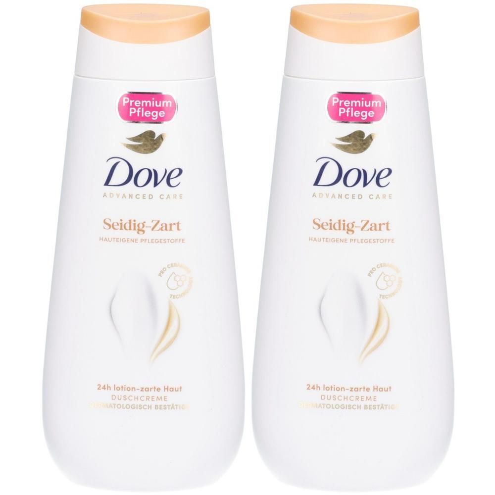 Zwei Dove Advanced Care Seidig-Zart Duschcreme Flaschen.