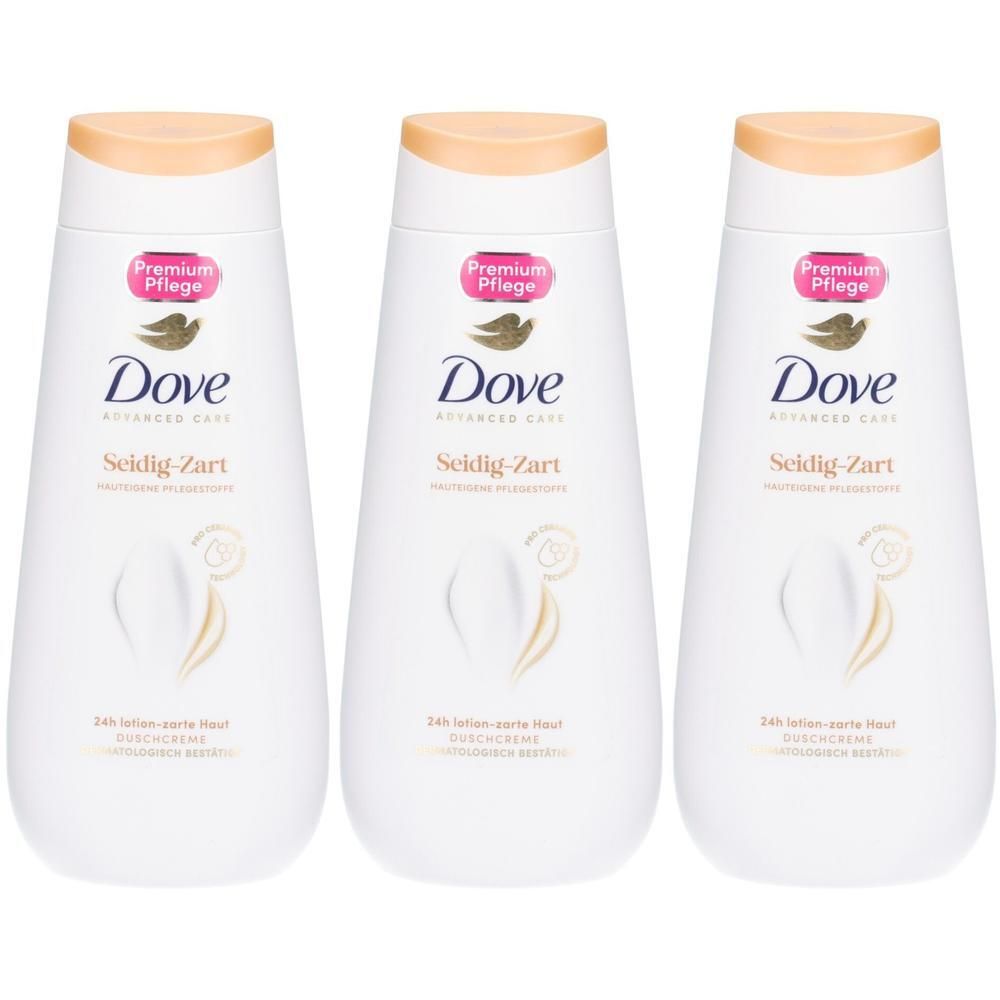 Drei Flaschen Dove Advanced Care Seidig-Zart Duschcreme.
