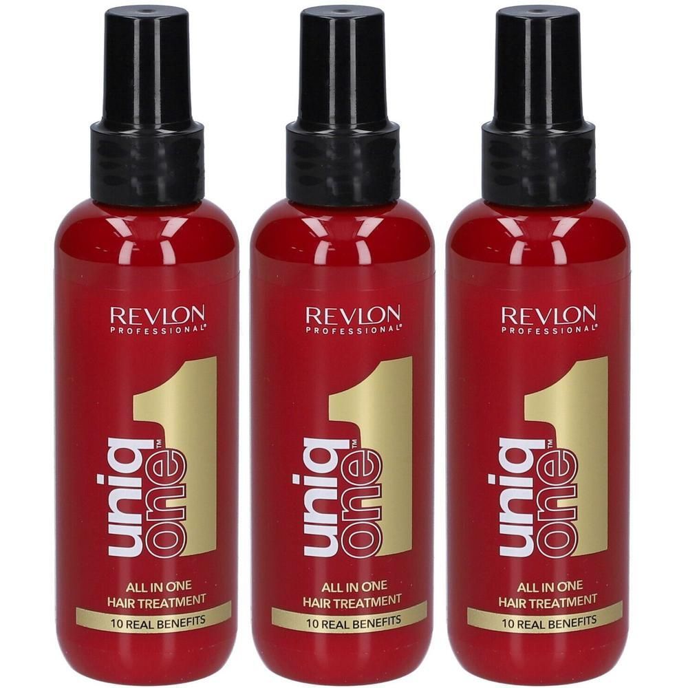 Drei Flaschen Revlon Uniq One Haarbehandlung.