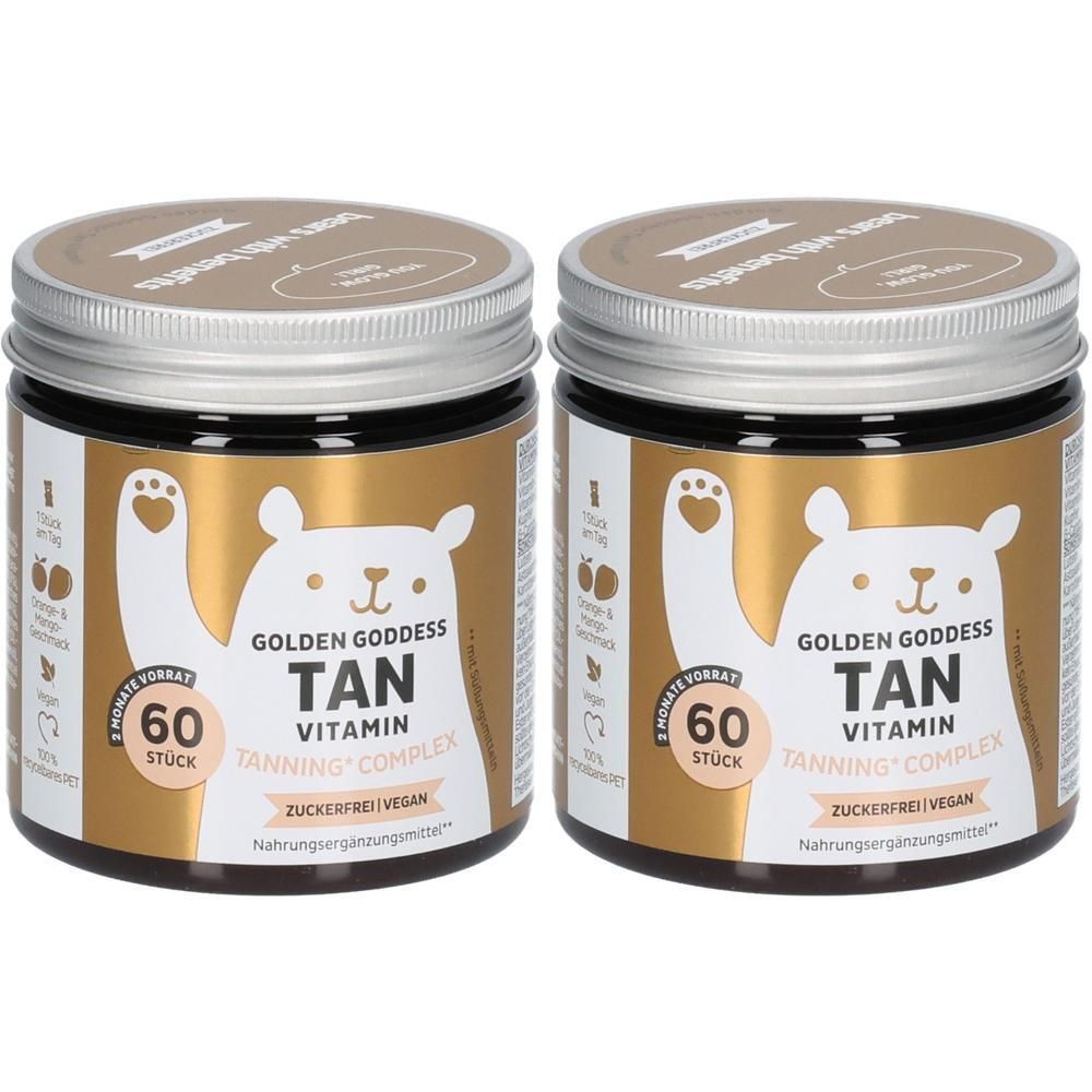 Zwei Gläser Golden Goddess Tan Vitamin Tanning Complex, 60 Stück pro Glas.