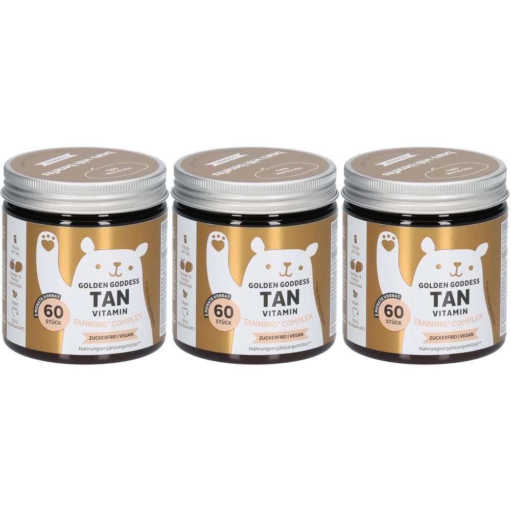 Drei Gläser Golden Goddess Tan Vitamin, 60 Stück pro Glas.