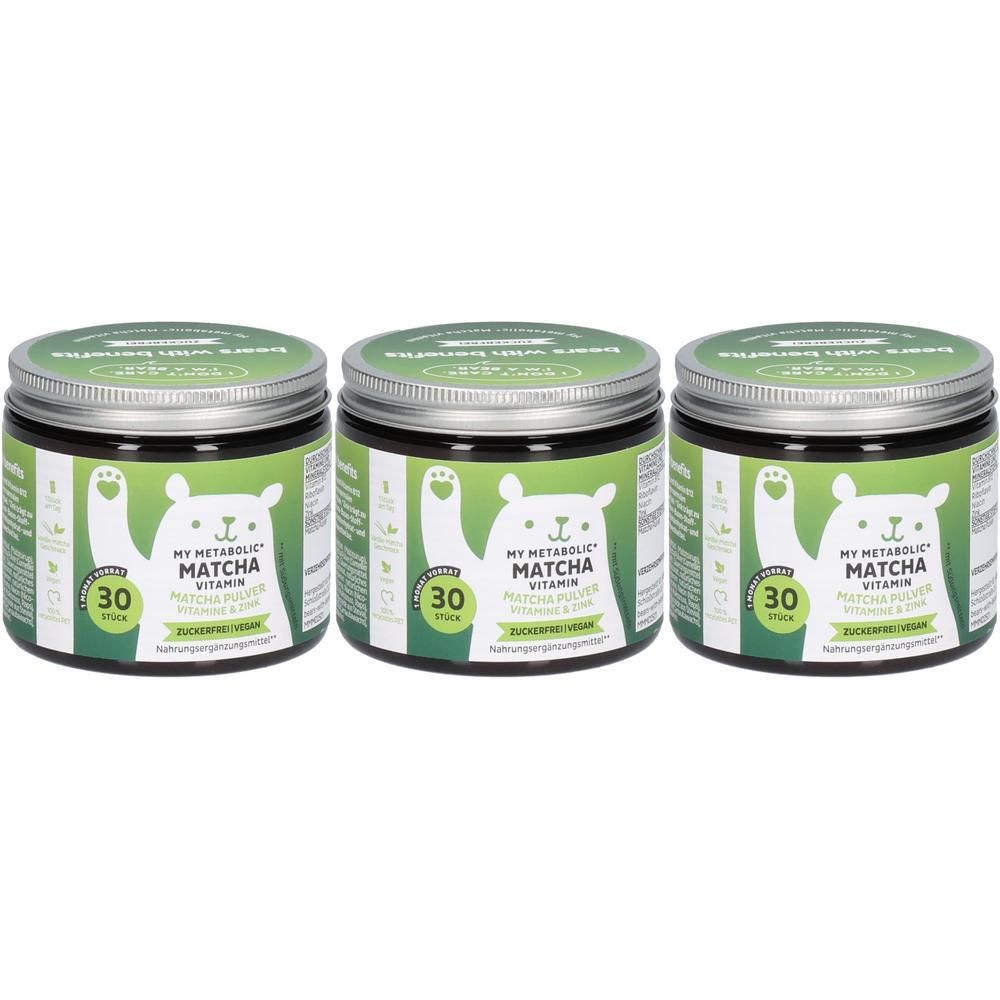 Drei Gläser 'My Metabolic Vitamin Matcha' Nahrungsergänzungsmittel, 30 Stück.