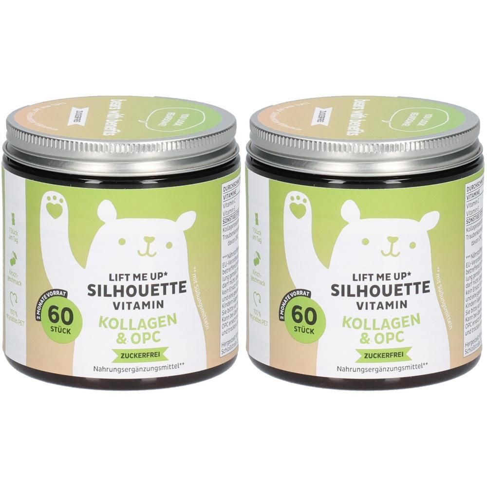 Zwei Dosen 'Lift Me Up Silhouette Vitamin Kollagen & OPC'. Grüne Etiketten mit Bärenmotiv, 60 Stück pro Dose.