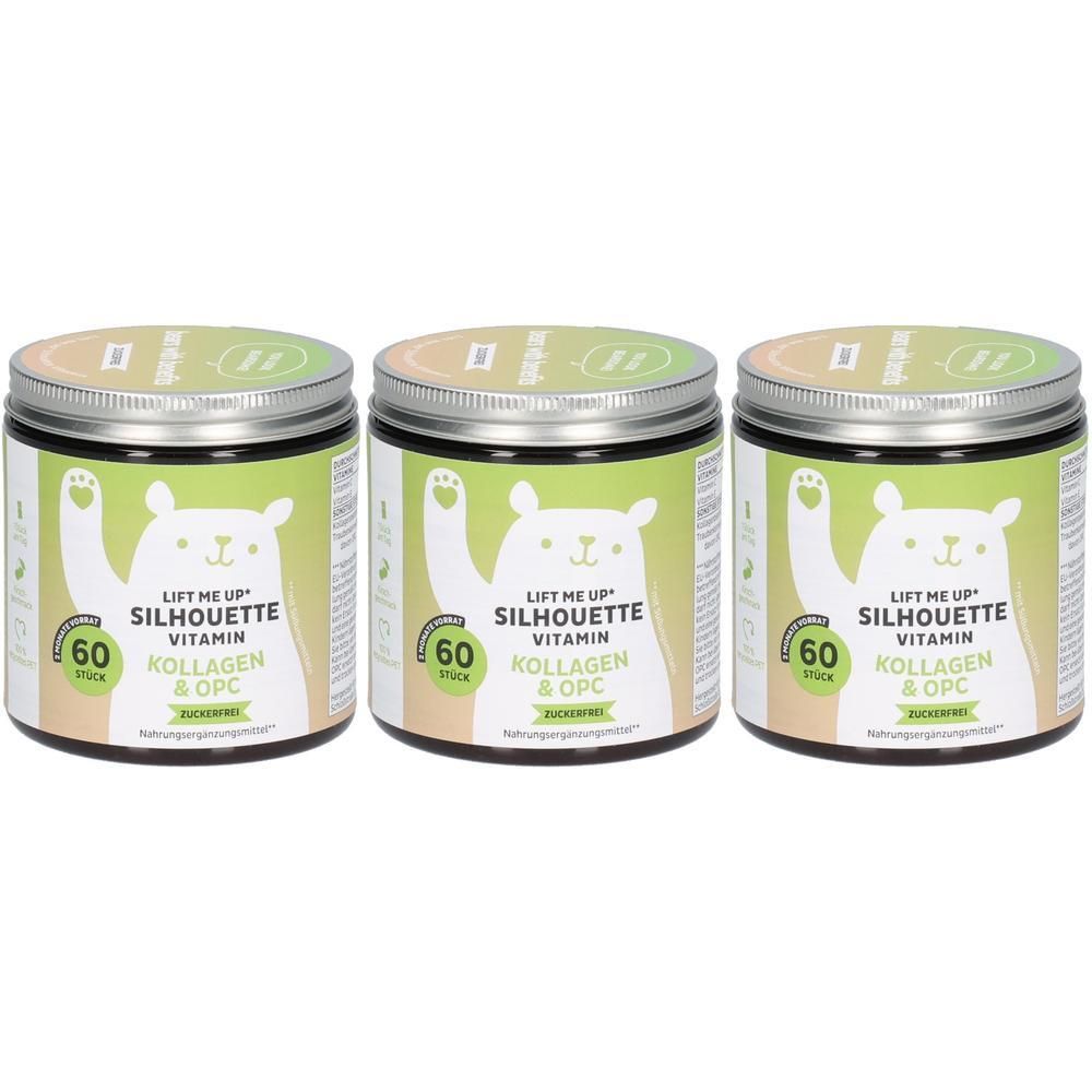 Drei Dosen 'Lift Me Up Silhouette Vitamin Kollagen & OPC'. Grüne Etiketten mit Bärenmotiv, 60 Stück pro Dose.