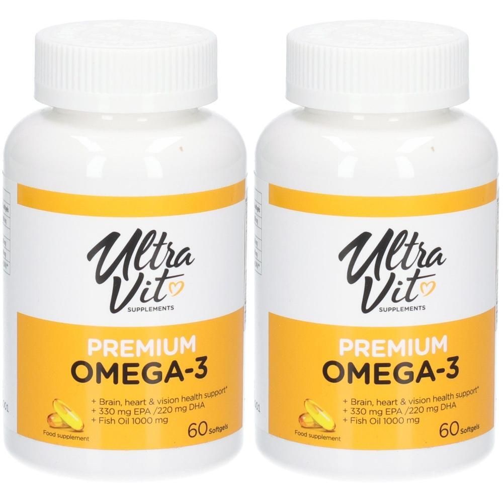 Zwei Flaschen Ultra Vit Premium Omega-3, 60 Softgels pro Flasche.
