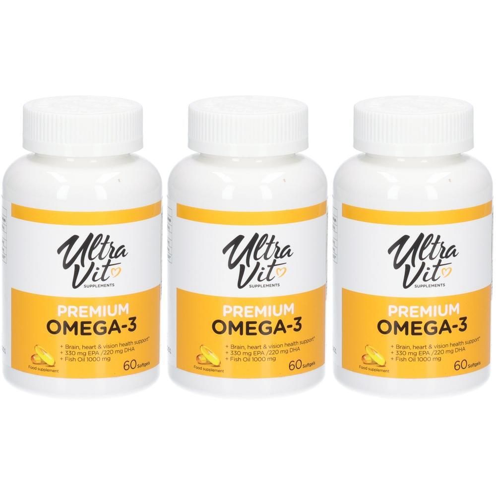 Drei Flaschen Ultra Vit Premium Omega-3 Kapseln, je 60 Kapseln.