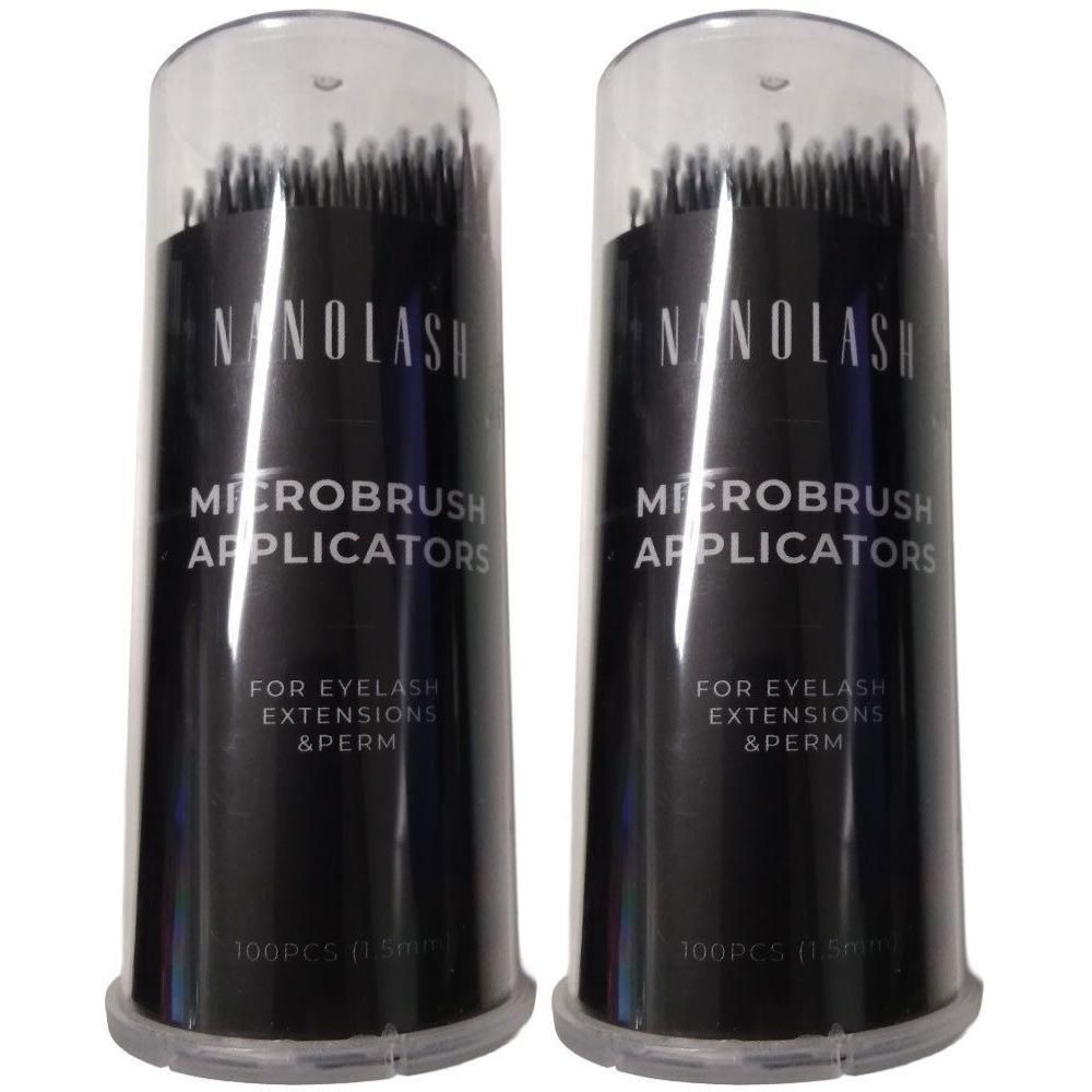 Zwei Behälter mit Nanolaash Microbrush Applikatoren für Wimpernverlängerung und -dauerwelle, je 100 Stück.