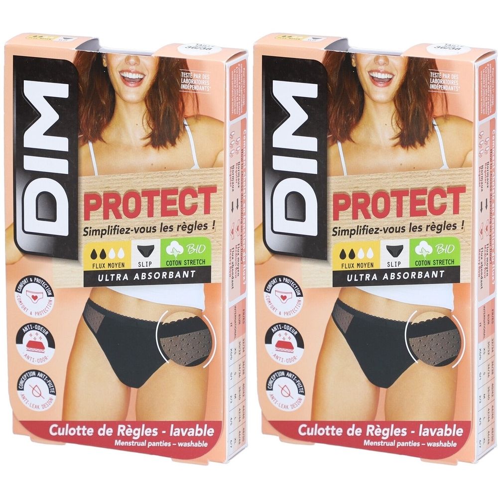 Zwei Verpackungen von DIM Protect Periodenunterwäsche. Schwarzer Slip mit Spitze, mittlere Saugfähigkeit, Bio-Baumwolle, waschbar.
