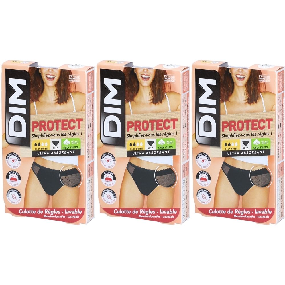 Drei Verpackungen mit DIM Protect Periodenslips. Aufdruck: „PROTECT“, „ULTRA ABSORBANT“. Abbildung eines schwarzen Slips. Waschbar.