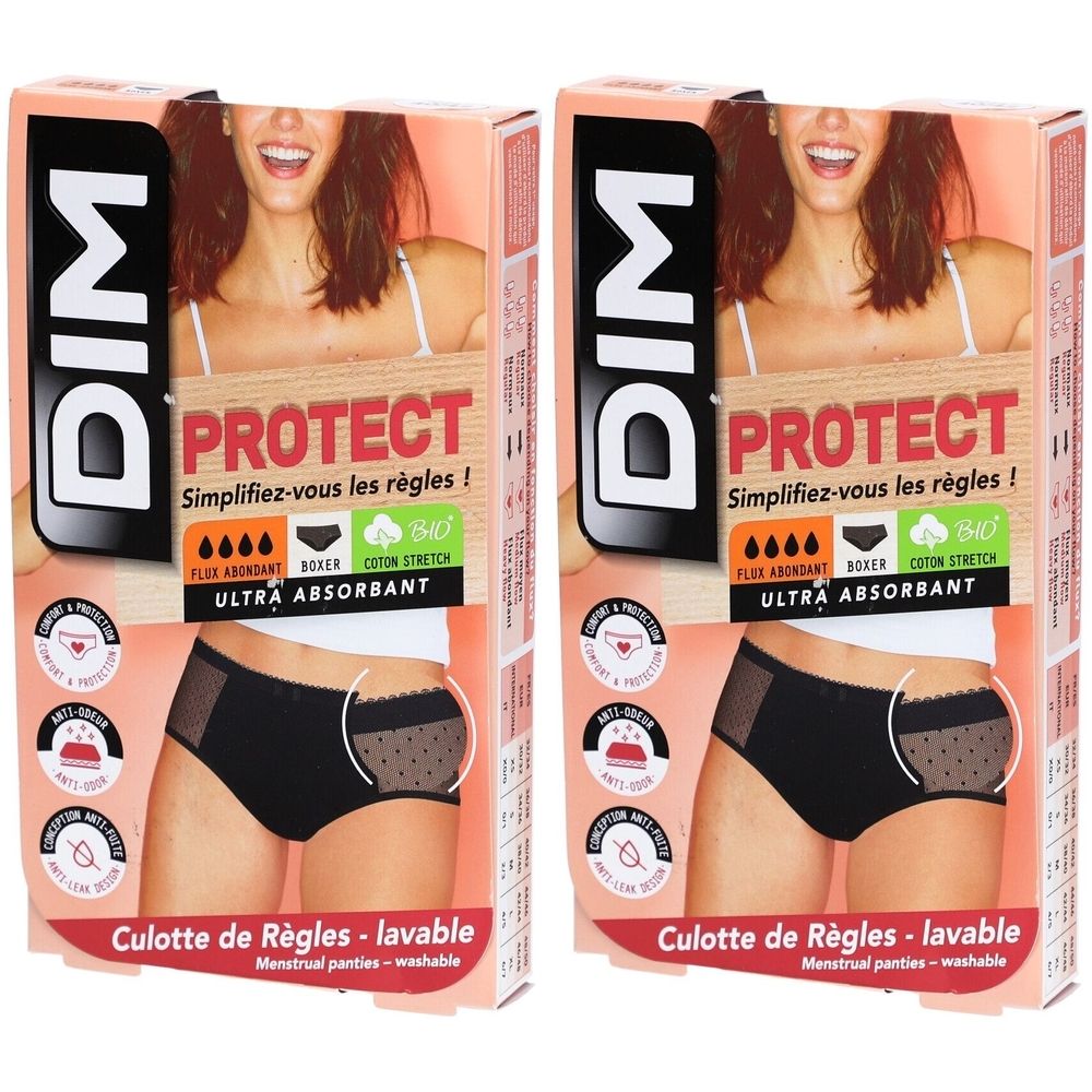 Zwei Verpackungen von DIM Protect Periodenunterwäsche. Schwarze Boxer-Form, ultra-absorbierend, waschbar. Bio-Baumwolle.