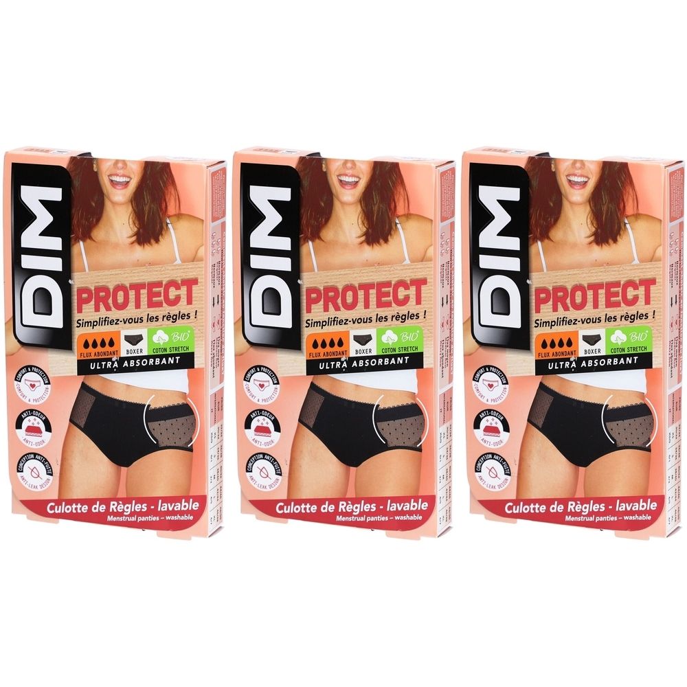 Drei DIM-Verpackungen. Auf jeder Verpackung ist ein schwarzer Periodenslip abgebildet. Text: PROTECT, ULTRA ABSORBANT, Culotte de Règles-lavable.