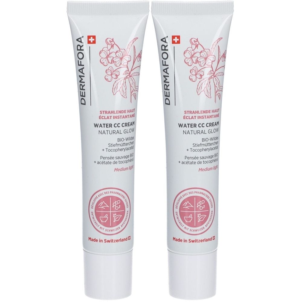 Zwei Tuben Creme. Aufschrift: Dermafora, Water CC Cream Natural Glow. Mit Schweizer Kreuz und Logo. Hergestellt in der Schweiz.