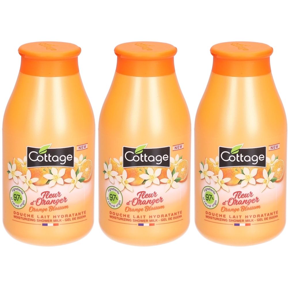 Trois flacons oranges. Chaque flacon porte l'inscription "Cottage" et "Fleur d'Oranger".