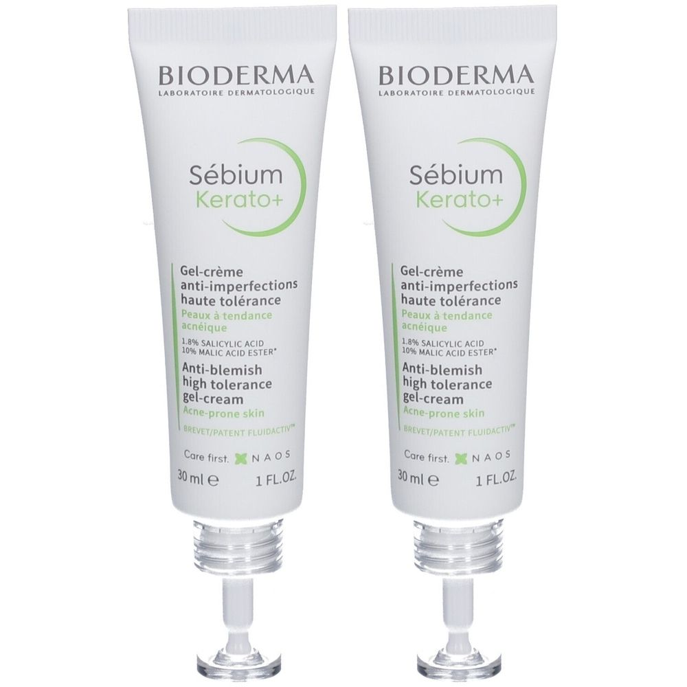 Deux tubes de crème-gel BIODERMA Sébium Kerato+. Tubes blancs avec texte vert. Nom du produit et description.
