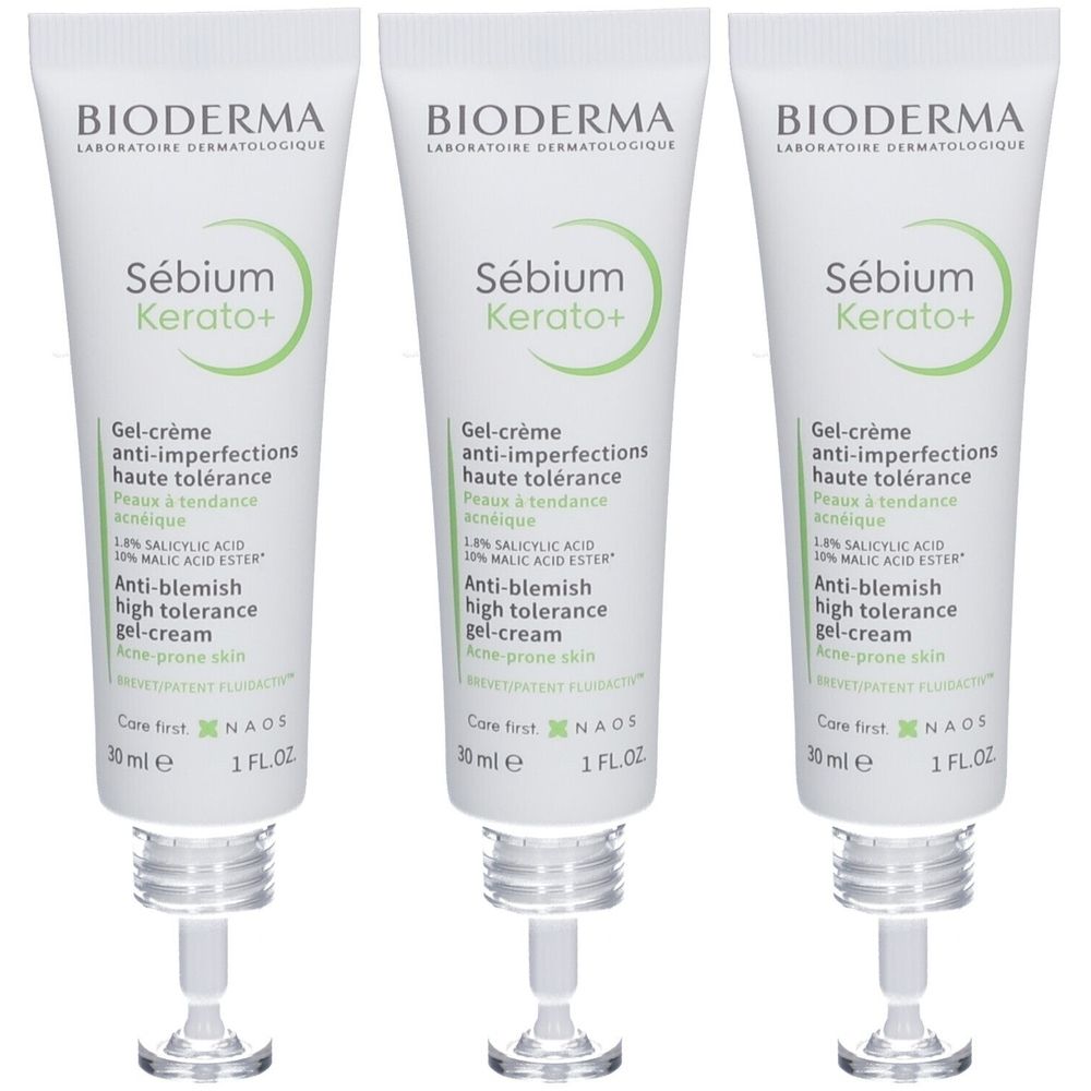 Trois tubes de gel-crème BIODERMA Sébium Kerato+. Tubes blancs avec texte vert. Anti-imperfections, haute tolérance.