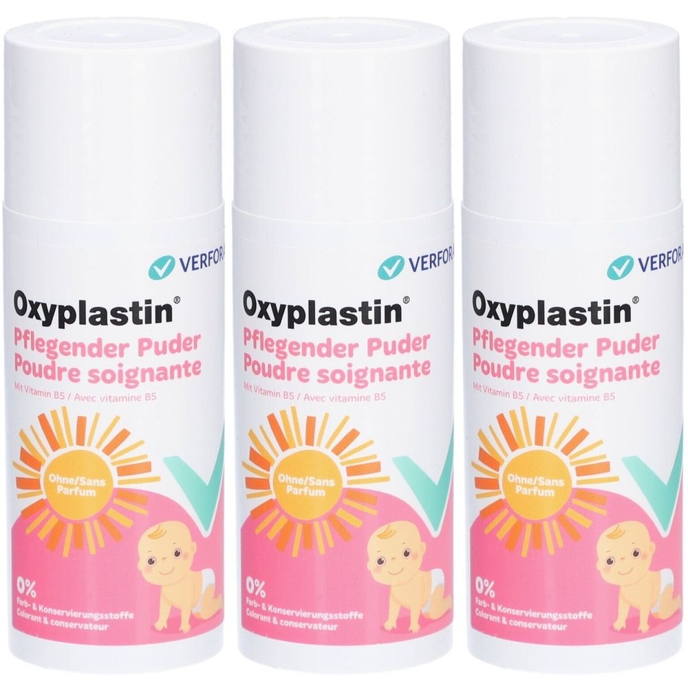 Trois flacons blancs de poudre Oxyplastin. Inscription : Pflegender Puder, Poudre soignante. Avec illustration de bébé et motif soleil.